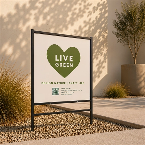 Custom Aluminum Metal Yard Sign With Full-Color Logo Mounted In A Black Angle Iron Frame Outdoors