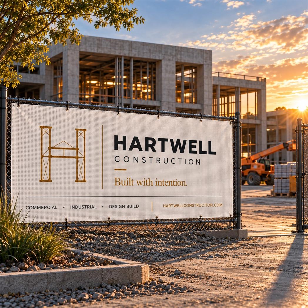 White Mesh Construction Banner With A Contractors Logo And Website, Zip-Tied Through Grommets To Chain-Link Site Fencing At A Commercial Jobsite At Sunset.